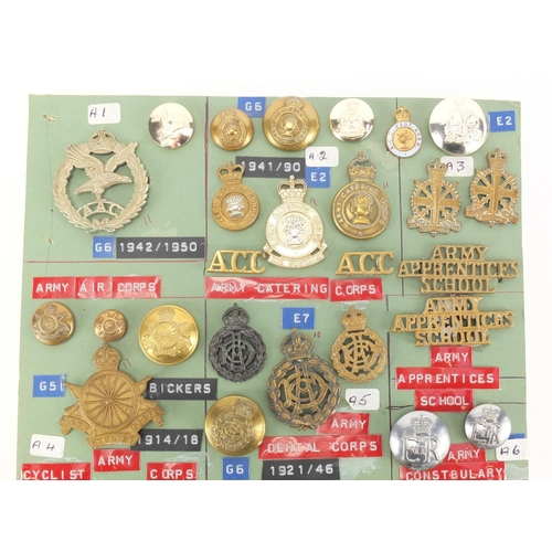 1038 - Sheet of Military interest cap badges and buttons including Army Air Corps, Army cyclist Corps, Fire... 