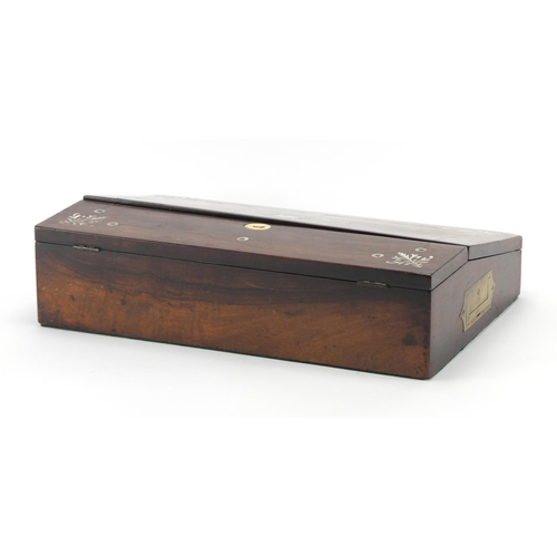 2034 - Victorian rosewood writing slope with tooled leather insert, inset brass carry handles, Mother of Pe... 