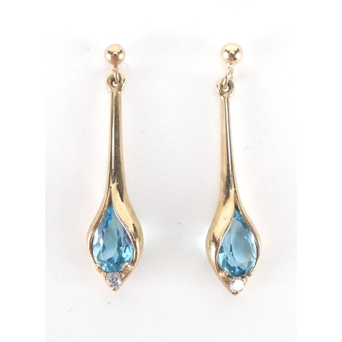 2637 - Pair of 9ct gold blue topaz and diamond drop earrings, 3cm in length, approximate weight 2.1g