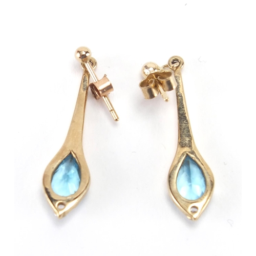 2637 - Pair of 9ct gold blue topaz and diamond drop earrings, 3cm in length, approximate weight 2.1g