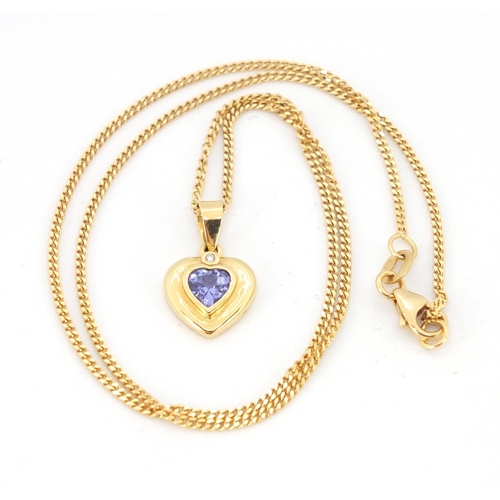 2647 - 18ct gold, tanzanite and diamond love heart pendant on an 18ct gold necklace, the pendant 1.6cm in l... 