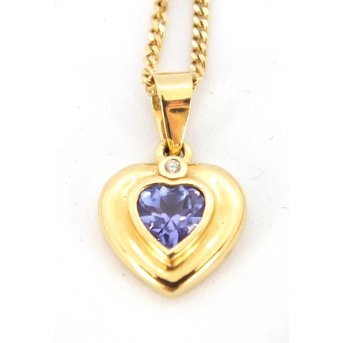 2647 - 18ct gold, tanzanite and diamond love heart pendant on an 18ct gold necklace, the pendant 1.6cm in l... 