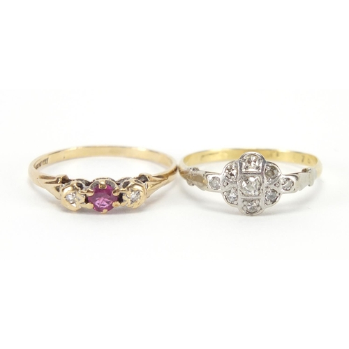 2636 - 18ct gold diamond cluster ring and a 9ct gold pink stone and diamond ring, size O, approximate weigh... 