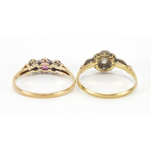 2636 - 18ct gold diamond cluster ring and a 9ct gold pink stone and diamond ring, size O, approximate weigh... 