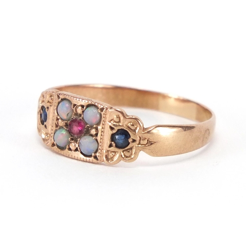 2628 - Victorian 9ct gold opal garnet and sapphire ring, size Q, approximate weight 1.9g