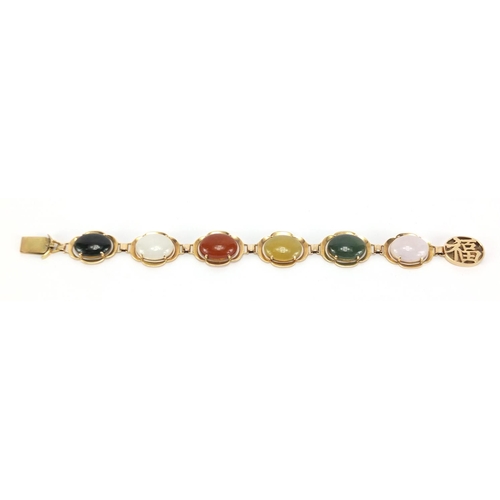 2612 - Chinese 14ct gold bracelet set with cabochon polish stones, 18cm in length, approximate weight 21.0g