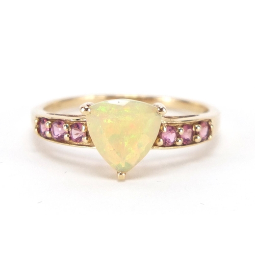 2632 - 9ct gold opal and pink stone ring, size P, approximate weight 2.2g