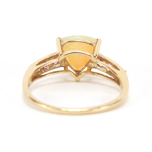 2632 - 9ct gold opal and pink stone ring, size P, approximate weight 2.2g