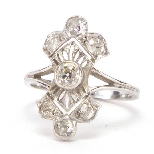 2622 - Art Deco unmarked white metal diamond cocktail ring, size N, approximate weight 4.8g