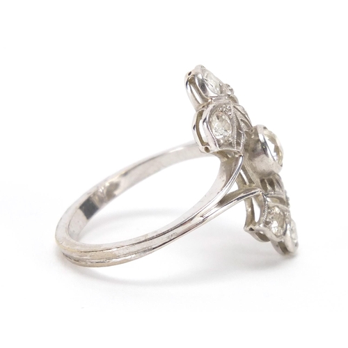 2622 - Art Deco unmarked white metal diamond cocktail ring, size N, approximate weight 4.8g