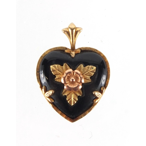 2651 - 10ct gold black enamel love heart pendant, 2.2cm in length, approximate weight 4.2g