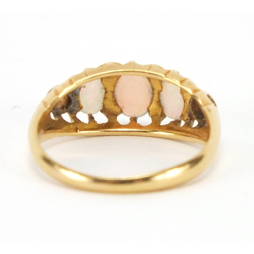 2650 - Victorian style 18ct gold opal five stone ring, size L, approximate weight 2.7g