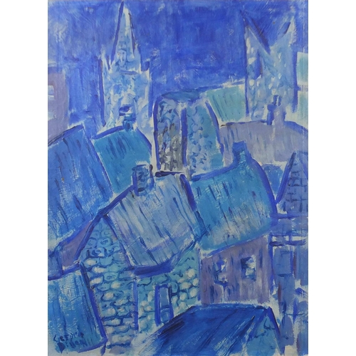 2245 - Abstract composition, buildings, blue monochrome oil on board, bearing a signature Dillon, framed, 5... 