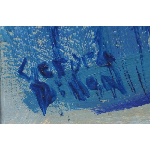 2245 - Abstract composition, buildings, blue monochrome oil on board, bearing a signature Dillon, framed, 5... 