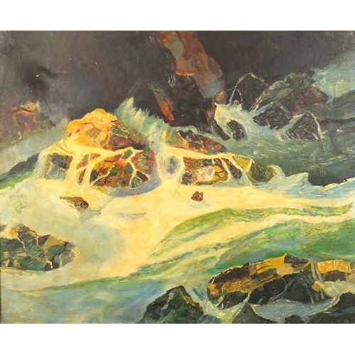 2265 - Water breaking against rocks, oil on canvas, bearing a signature Rees, framed, 58.5cm x 48cm