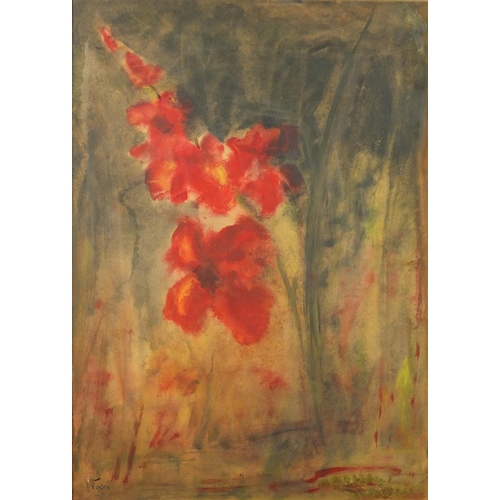 2095 - Still life red flowers, oil on card, bearing a an indistinct signature possibly Nolde, framed, 67cm ... 