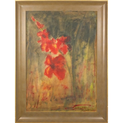 2095 - Still life red flowers, oil on card, bearing a an indistinct signature possibly Nolde, framed, 67cm ... 