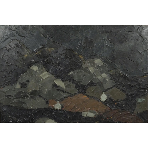 2155 - Night time mountains, impasto oil on board, bearing a monogram KW, mounted and framed, 48.5cm x 32.5... 