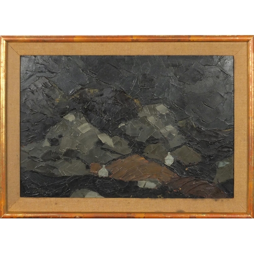 2155 - Night time mountains, impasto oil on board, bearing a monogram KW, mounted and framed, 48.5cm x 32.5... 