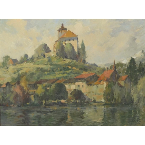 2266 - Buildings by water continental school oil on canvas, framed, 59.5cm x 44cm