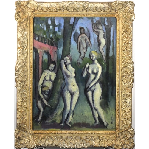 2386 - Surreal nude figures, oil on canvas, framed, 33cm x 23.5cm