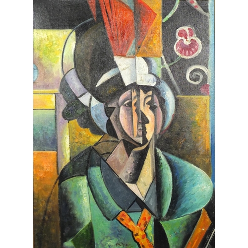 2268 - Abstract composition, cubist portrait of a chef, French impressionist oil on board, bearing a signat... 