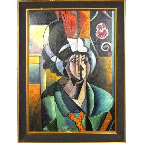 2268 - Abstract composition, cubist portrait of a chef, French impressionist oil on board, bearing a signat... 