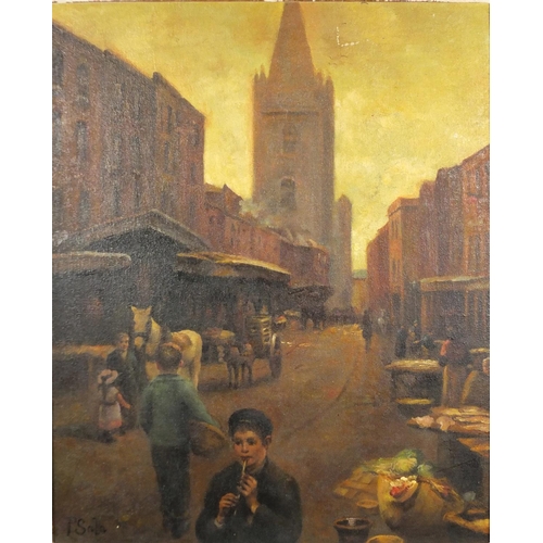 2094 - Young boy playing a flute in a street, Italian school oil on board, bearing a signature Sala, framed... 
