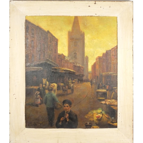 2094 - Young boy playing a flute in a street, Italian school oil on board, bearing a signature Sala, framed... 