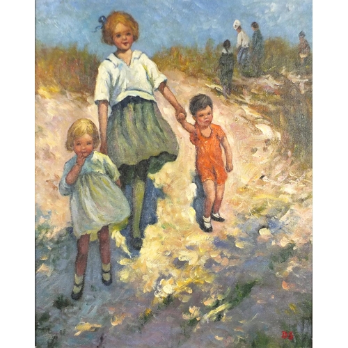 2208 - Three children on a summers day, Modern British oil on board, bearing a monogram DS and inscribed ve... 
