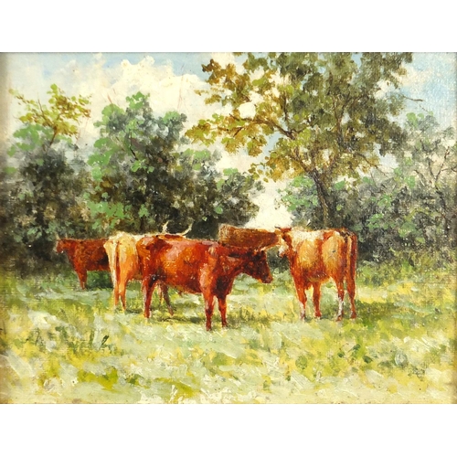 2388 - Cattle in a field, impressionist oil on board, framed, 16.5cm x 13cm