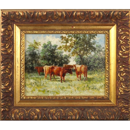 2388 - Cattle in a field, impressionist oil on board, framed, 16.5cm x 13cm