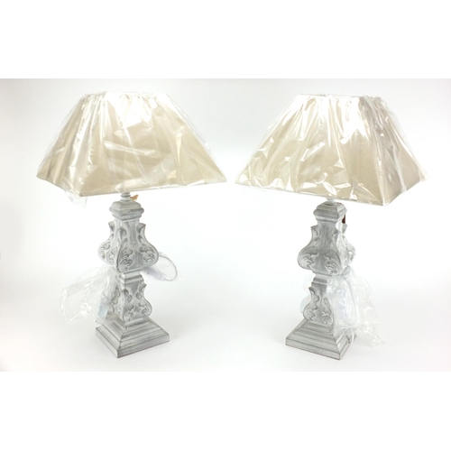 2079 - Pair of Hill interiors ornate painted lamps with shades, each 52cm high