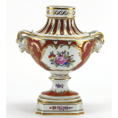 2140 - Dresden porcelain vase with twin rams head handles, hand painted with flowers, 21cm high