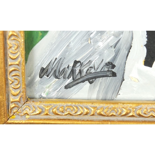 2154 - Figures by water, Irish school oil, bearing a signature Markey, framed, 37.5cm x 28cm