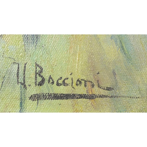 2037 - Portrait of a female wearing a coat, Italian school oil on board, bearing a signature Boccioni, fram... 