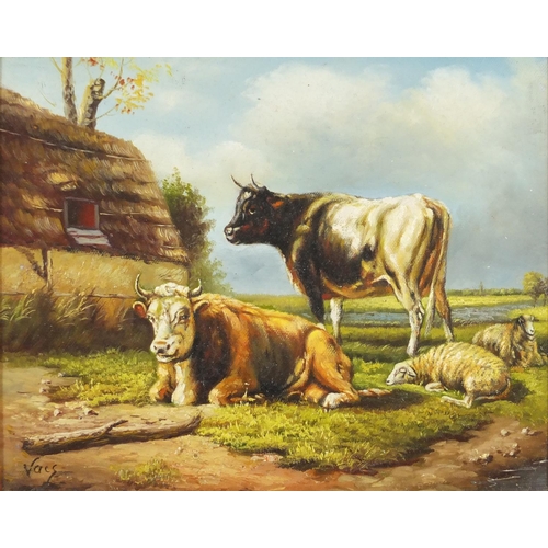 2091 - Cattle and sheep, Old Master style oil on canvas, bearing a signature Vacs, mounted and framed, 25.5... 