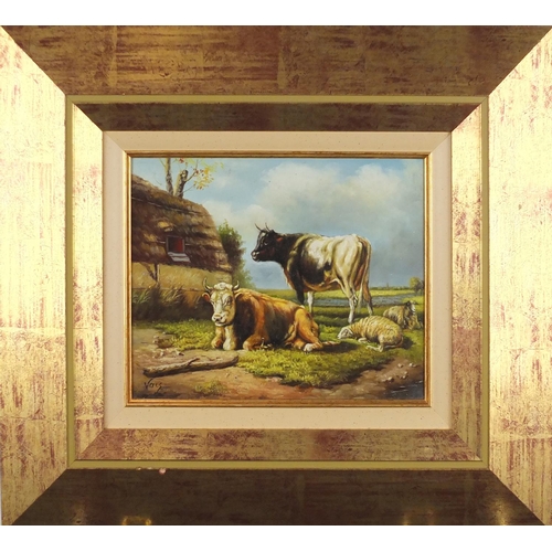 2091 - Cattle and sheep, Old Master style oil on canvas, bearing a signature Vacs, mounted and framed, 25.5... 