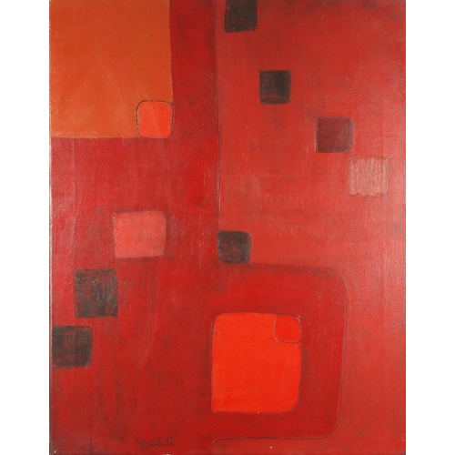 2039 - Abstract composition, red monochrome oil on canvas, bearing a signature Turnbull, unframed, 92cm x 7... 