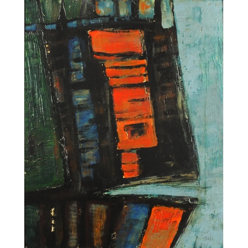 2041 - Abstract composition, oil on canvas, bearing a signature, Bell, mounted and framed, 49.5cm x 39.5cm