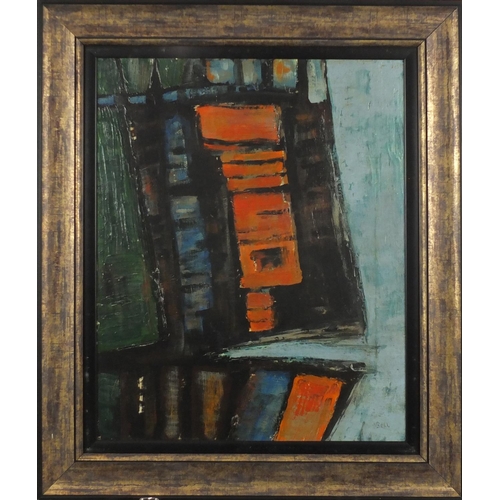 2041 - Abstract composition, oil on canvas, bearing a signature, Bell, mounted and framed, 49.5cm x 39.5cm