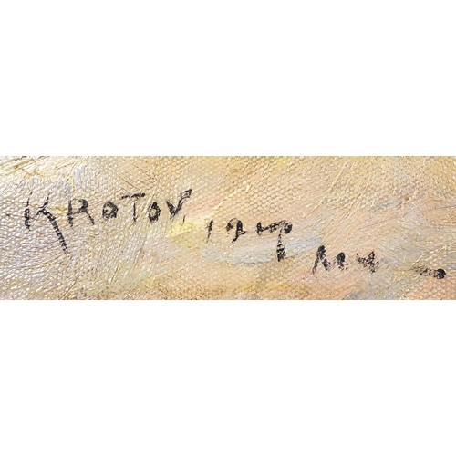 2161 - Figures on the beach, Russian school oil on board, bearing a signature Krotov, framed, 59.5cm x 49.5... 