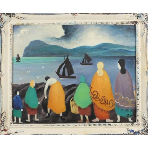 2090 - Figures by the sea, with boats, Irish school oil on board, bearing a signature Markey, framed, 49cm ... 