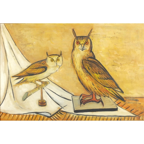 2038 - Manner of Bernard Buffet - Two owls, oil on canvas board, inscribed verso, framed, 74.5cm x 49.5cm