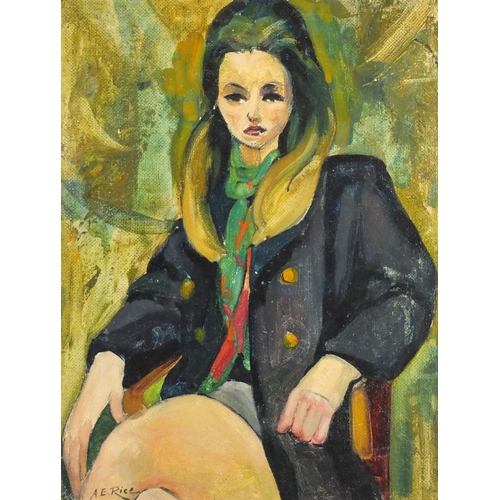 2202 - Portrait of a seated female, oil on board, bearing a signature A E Rice, framed, 44.5cm x 34cm