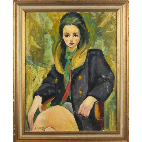 2202 - Portrait of a seated female, oil on board, bearing a signature A E Rice, framed, 44.5cm x 34cm