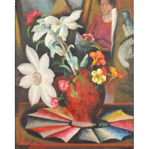 2207 - Still life flowers in a vase, oil on board, bearing a signature W Gillies, framed, 50cm x 40cm