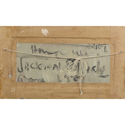 2205 - Abstract composition, oil on board, bearing an inscription Jackson verso, framed, 38cm x 18cm