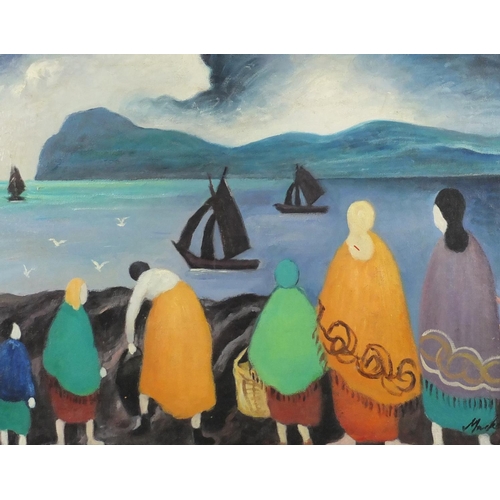 2090 - Figures by the sea, with boats, Irish school oil on board, bearing a signature Markey, framed, 49cm ... 