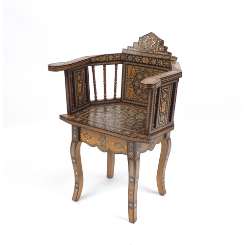 2023 - Good Moorish design elbow chair, with geometric parquetry inlay, probably Syrian, 88cm high